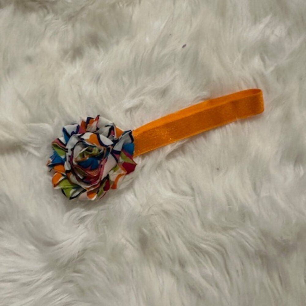Multi colored 2" Shabby Flower on a Orange FOE elastic headband  7527 Handmade